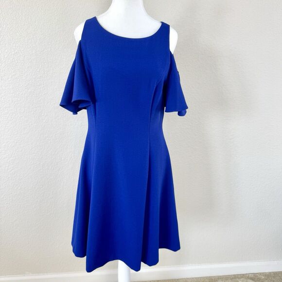 Eliza J Royal Blue Ruffle Cut-Out Sleeve A-line Dress Size 8 Cold Shoulder - Picture 1 of 14